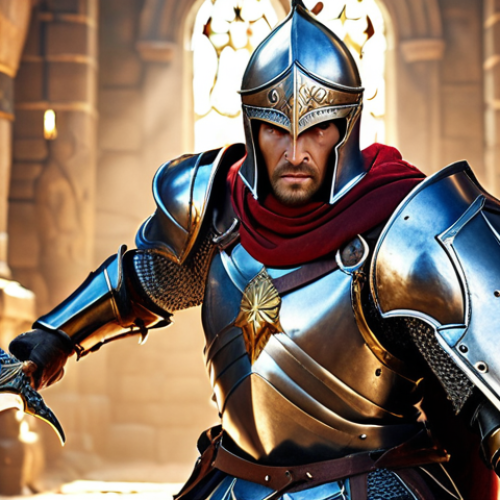 Home 4 **
"Classic heroic character, powerful warrior, shining armor, determined expression, fantasy setting, epic battle backdrop, clear focus, dynamic pose, dramatic lighting."
**