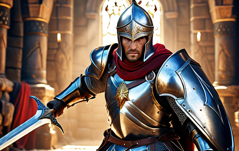 **
"Classic heroic character, powerful warrior, shining armor, determined expression, fantasy setting, epic battle backdrop, clear focus, dynamic pose, dramatic lighting."
**